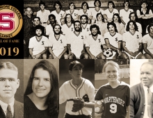 Honored as part of the 2019 Class of the Garnet Athletics Hall of Fame were the 1974 Garnet men’s soccer team (top), as well as George “Moose” Earnshaw, Class of 1923 (bottom, from left); Cathy Polinsky ’99; Michelle Walsh ’98; Caitlin Mullarkey ’09; and Ruff Herndon.